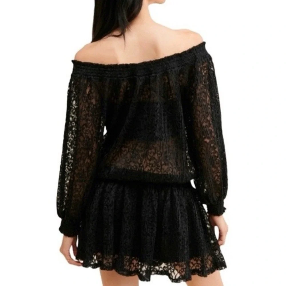 Free People Mini Dress Small Black Lace Sheer Off Shoulder Dropped Waist Boho